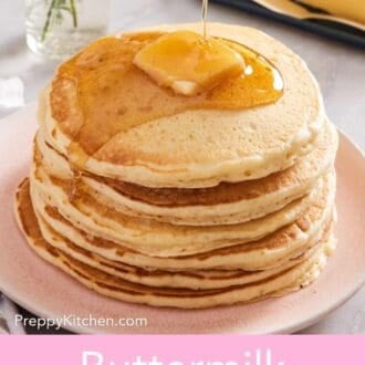 Pinterest graphic showing a stack of pancakes drizzled with maple syrup.