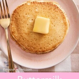 Pinterest graphic showing a buttermilk pancake on a plate with a fork.