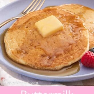 Pinterest graphic showing buttermilk pancakes on a plate topped with a pat of butter and syrup.