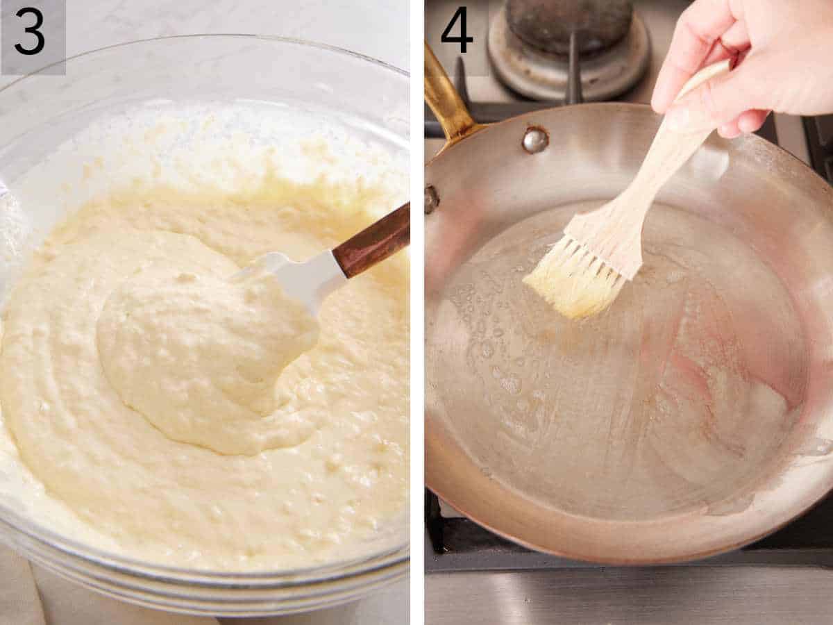 Set of two images showing wet ingredients added to dry ingredients, and a large skillet greased with butter.