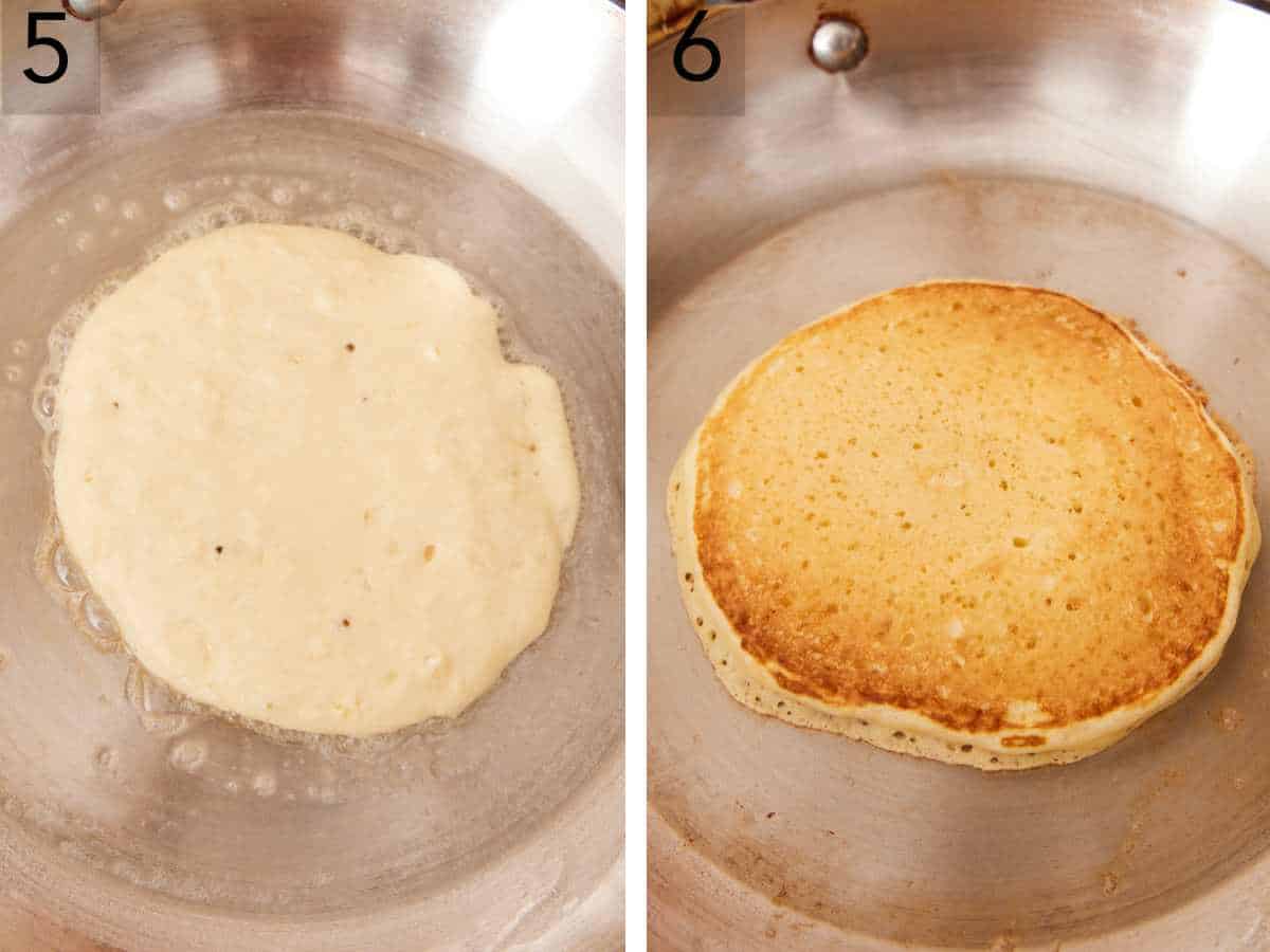 Set of two images showing pancake batter in a hot skillet, and a golden brown buttermilk pancake after being flipped.