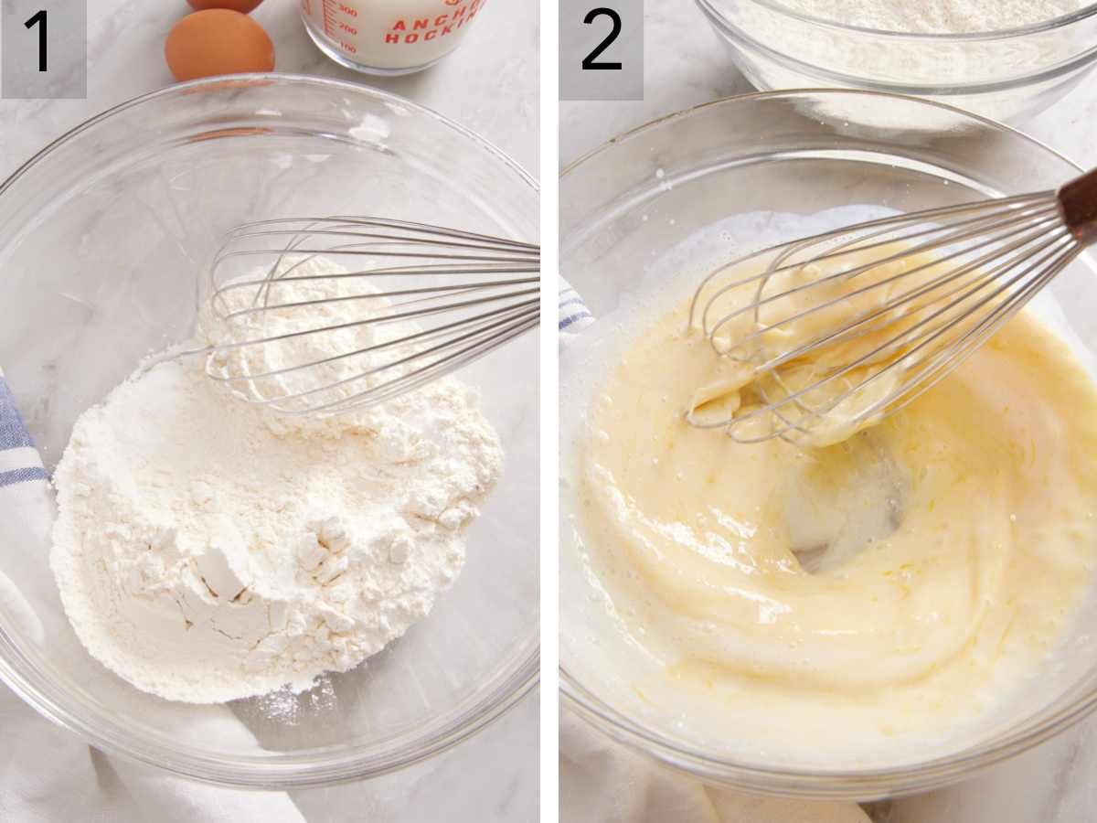 Set of two images showing dry ingredients whisked together, and wet ingredients whisked together in a separate bowl.