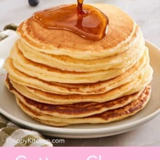 Pinterest graphic showing a stack of cottage cheese pancakes drizzled with maple syrup.