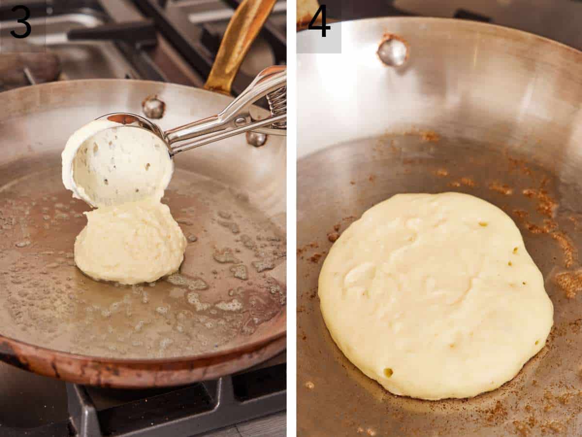 Set of two images showing pancake batter scooped onto a hot skillet, and cooking until it's ready to be flipped.