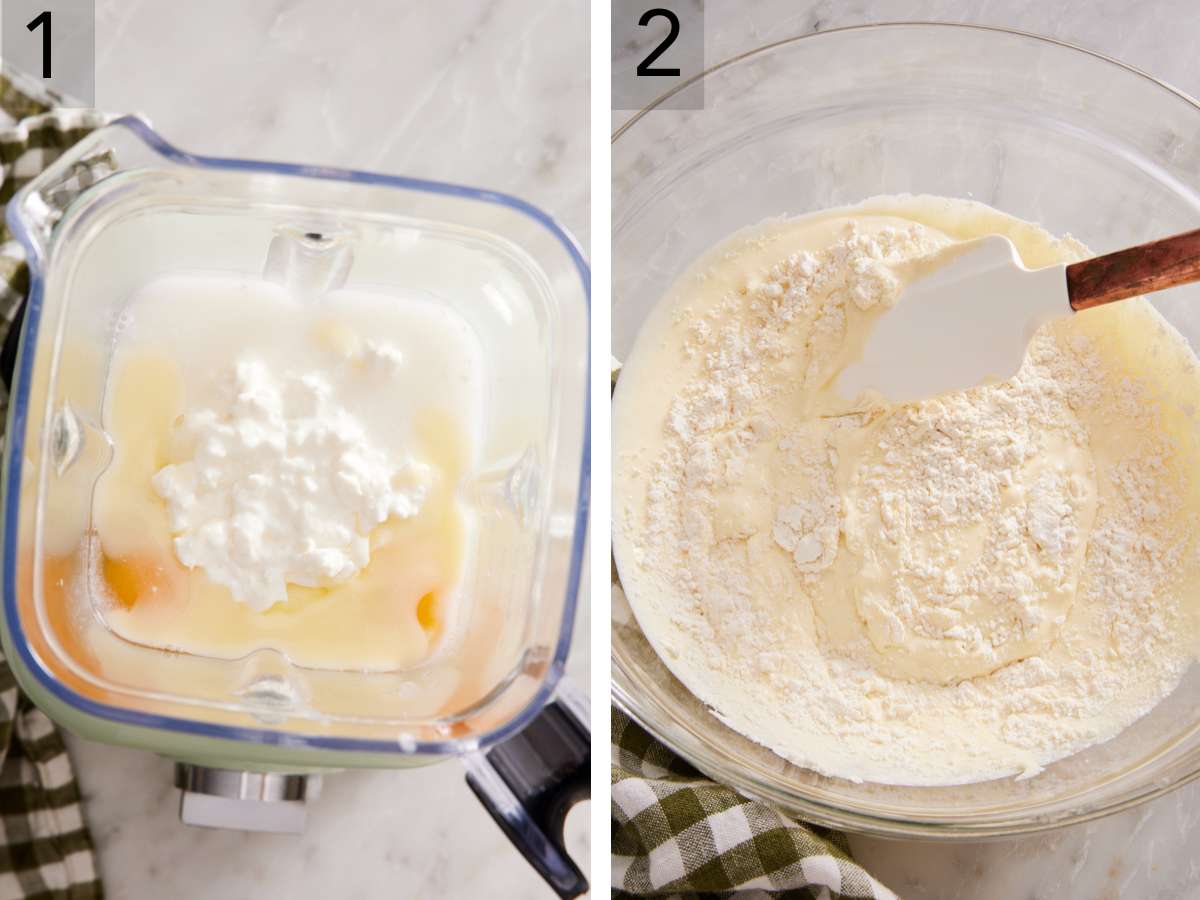 Set of two images showing cottage cheese pancake wet ingredients in a blender, and mixed in a bowl with the dry ingredients.