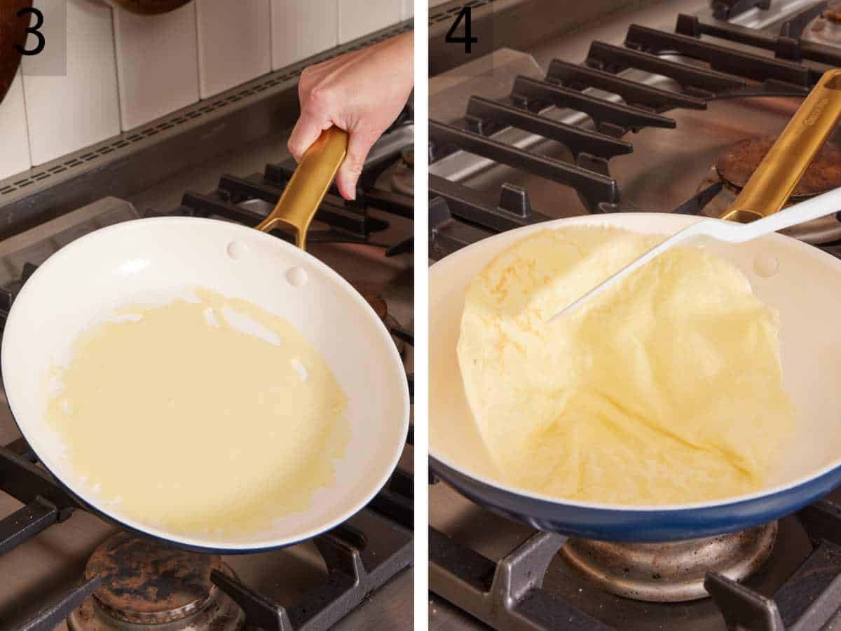 Set of two photos showing crepe batter in the skillet, and the crepe being flipped.