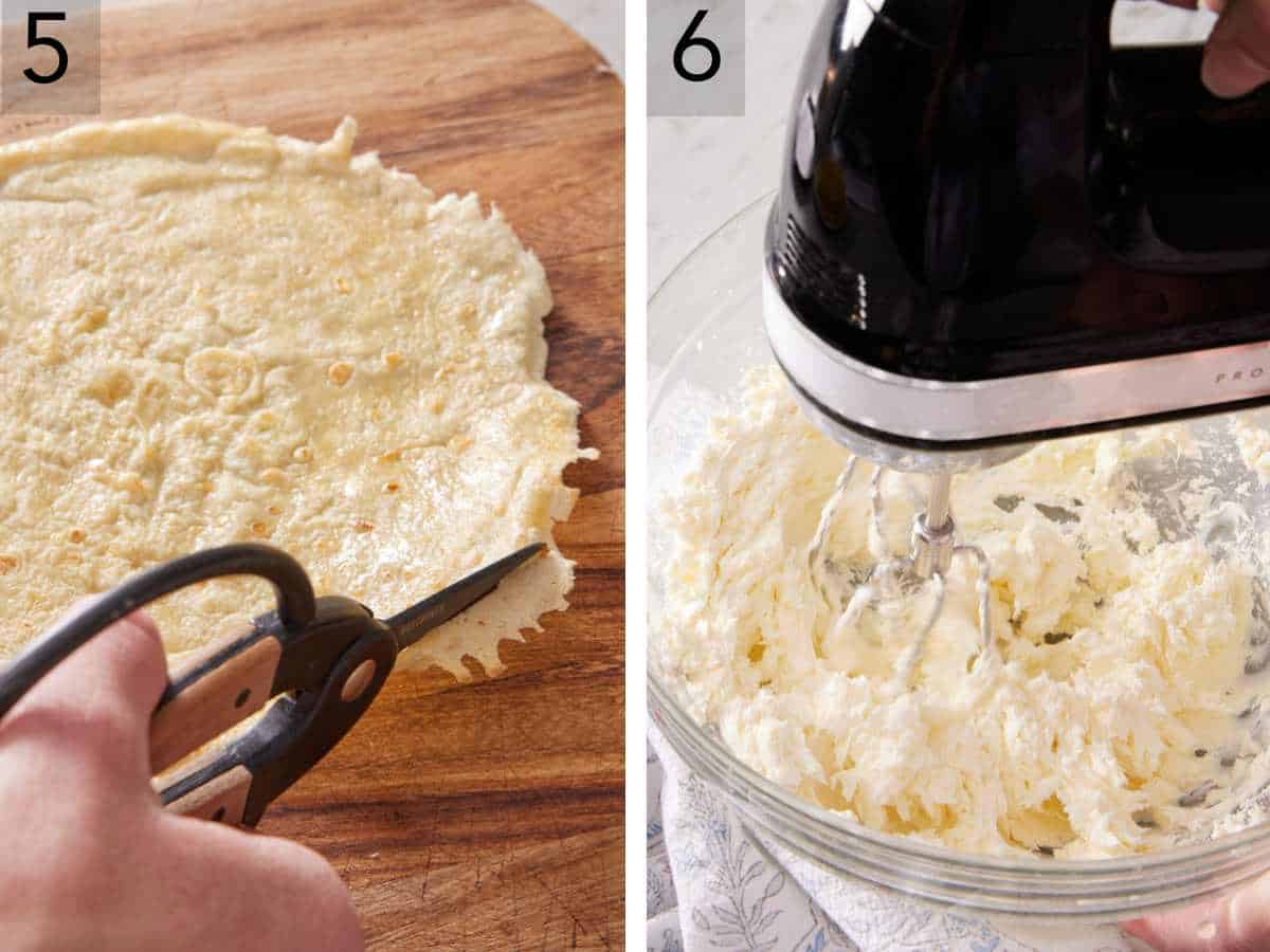 Set of two photos showing the crepe edges neatened with scissors, and the cream cheese filling being made.