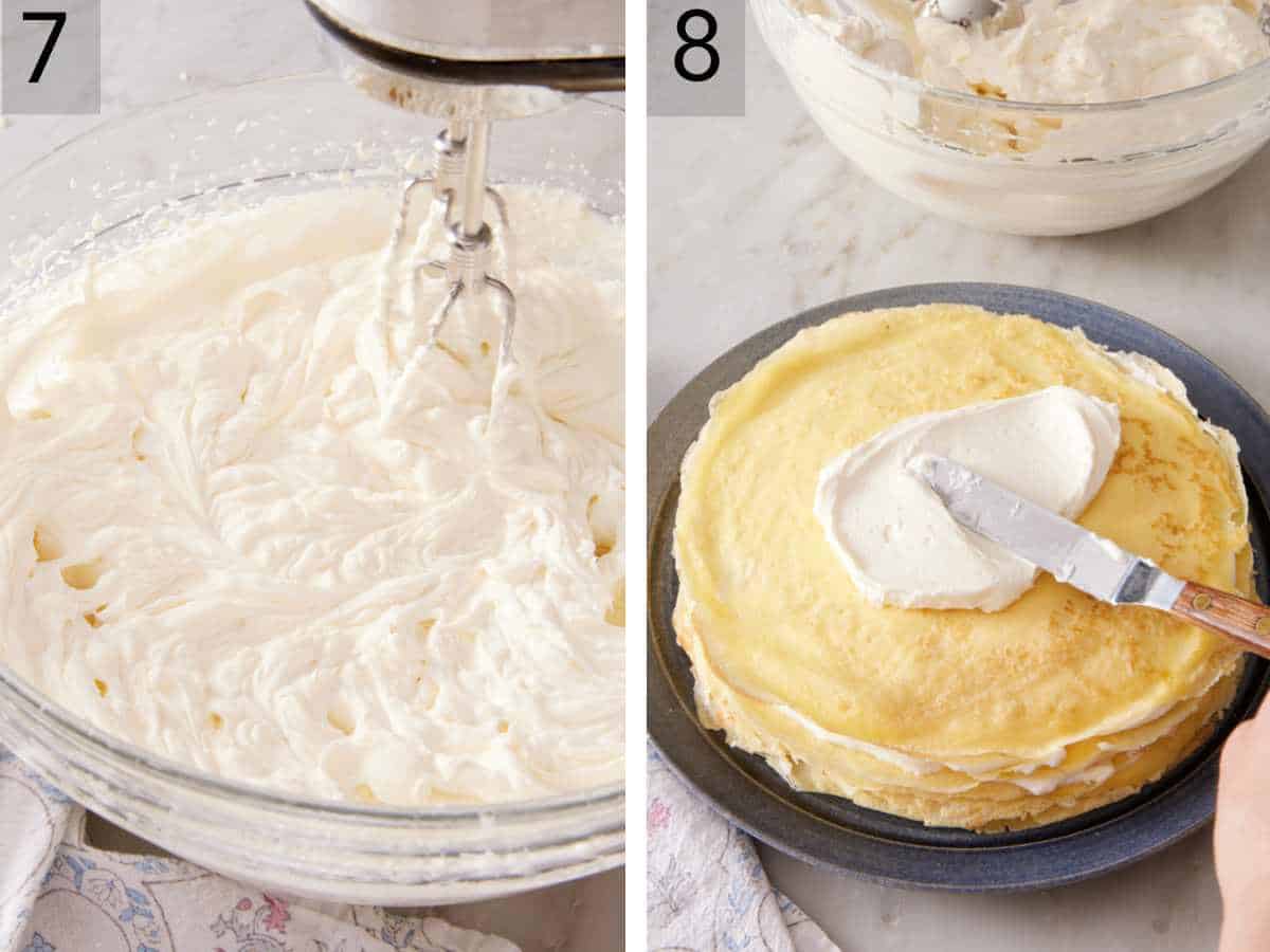 Set of two photos showing the texture of the finished whipped cream filling, and the crepe cake assembly.