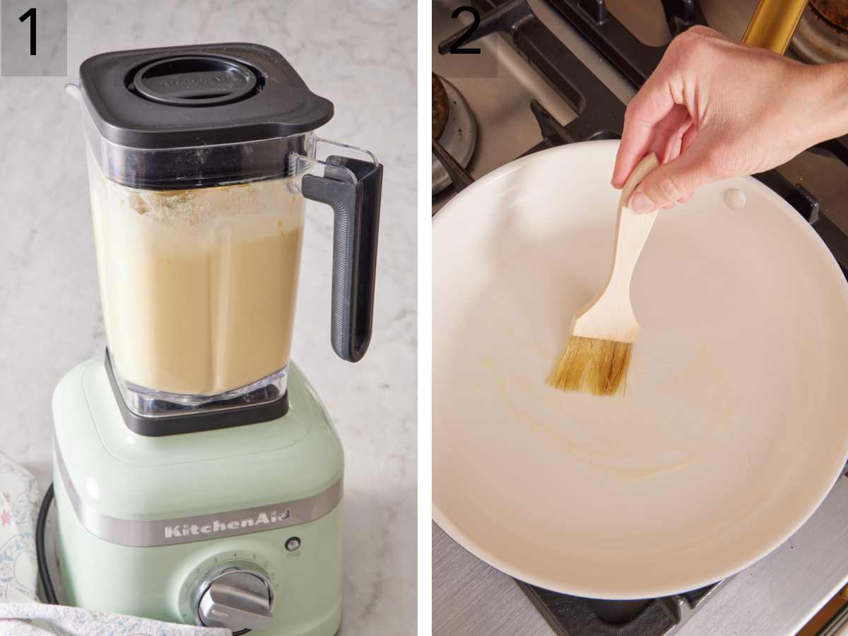 Set of two photos showing batter made in a blender, and a skillet greased with butter.