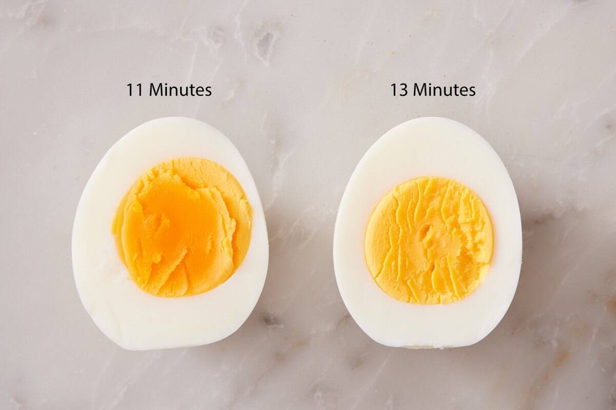 Halved boiled eggs showing the difference between a boil time of 11 minutes and13 minutes.