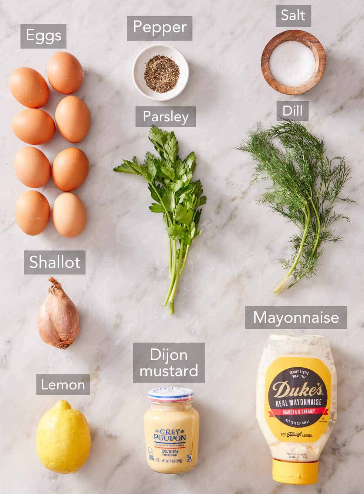 Ingredients needed to make egg salad.