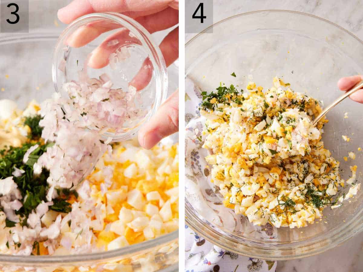Set of two images showing other ingredients added to the chopped boiled eggs, and stirred together.