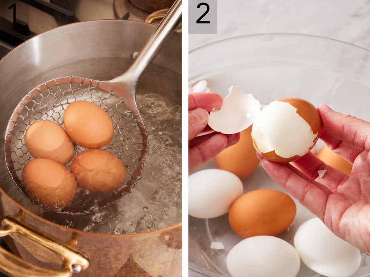 Set of two images showing eggs boiling and peeled.