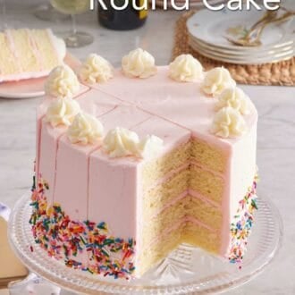 Pinterest graphic showing a layer cake with pink frosting and sprinkles on a cake stand. Drink glasses and serving plates in the background.