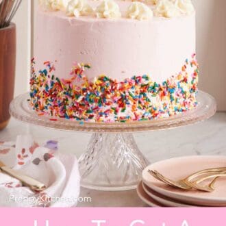 Pinterest graphic showing a cake on a cake stand. The cake has pink frosting and sprinkles pressed into the bottom third of it, with serving plates and forks alongside.