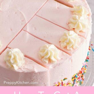 Pinterest graphic showing a close-up of a cake with slices in it to demonstrate how to cut a round cake into rectangles.
