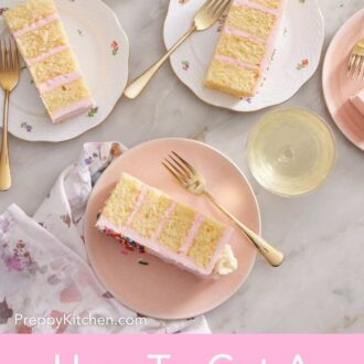 Pinterest graphic showing an overhead shot of rectangular slices of cake on serving plates.