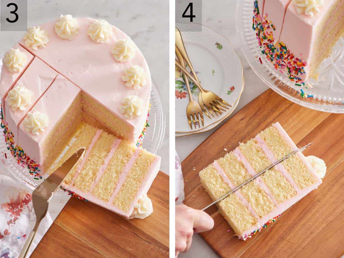 Set of two images showing a rectangular slice of cake, and that slice cut in half to make two slices.