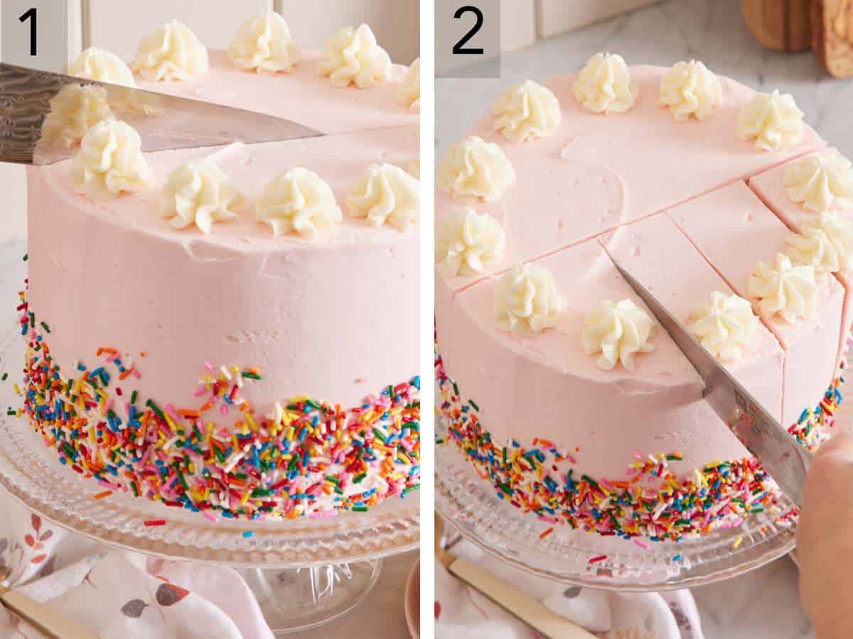 Set of two images of a cake sliced down the middle, and then four perpendicular slices made.