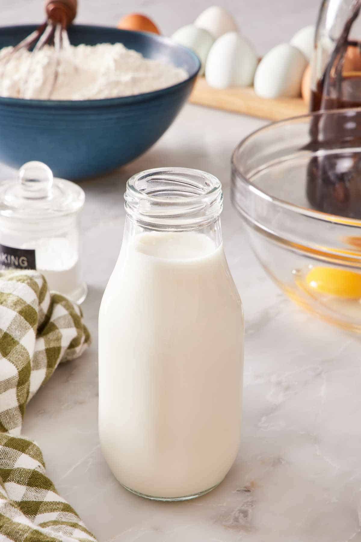 Homemade buttermilk in a small jug.