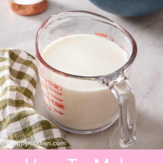 Pinterest graphic showing buttermilk in a measuring cup with dry ingredients in a bowl in the background.