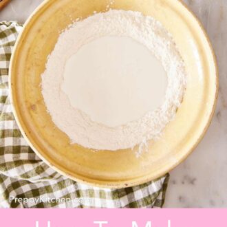 Pinterest graphic showing a flour mixture with buttermilk added to it.