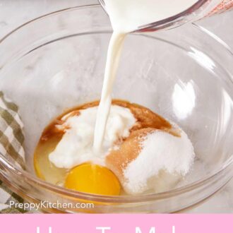Pinterest graphic showing buttermilk poured into a bowl with other ingredients.