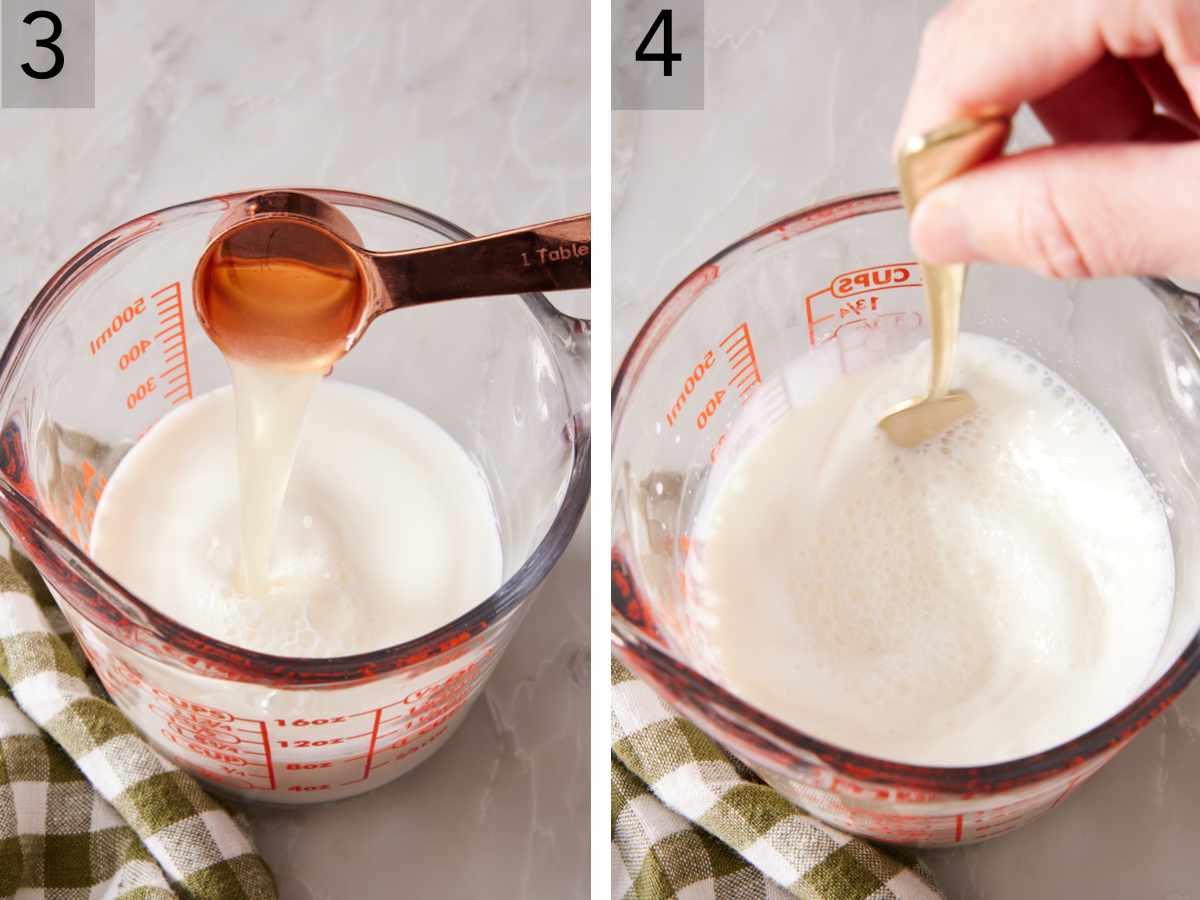 Set of two images showing how to make buttermilk by adding lemon juice to milk and stirring together.