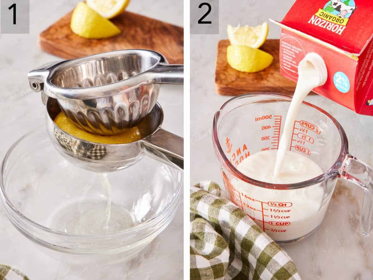 Set of two images showing how to make buttermilk by squeezing fresh lemon juice, then measuring out whole milk.