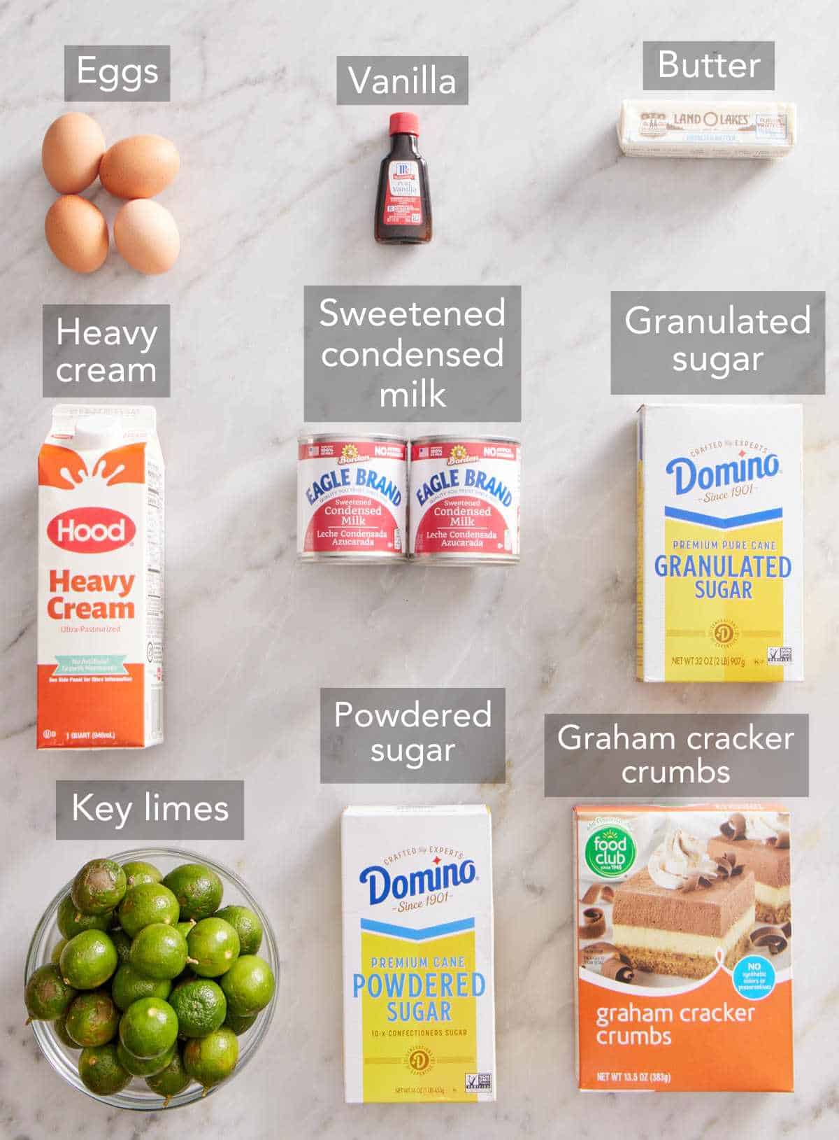 Ingredients needed to make key lime pie.