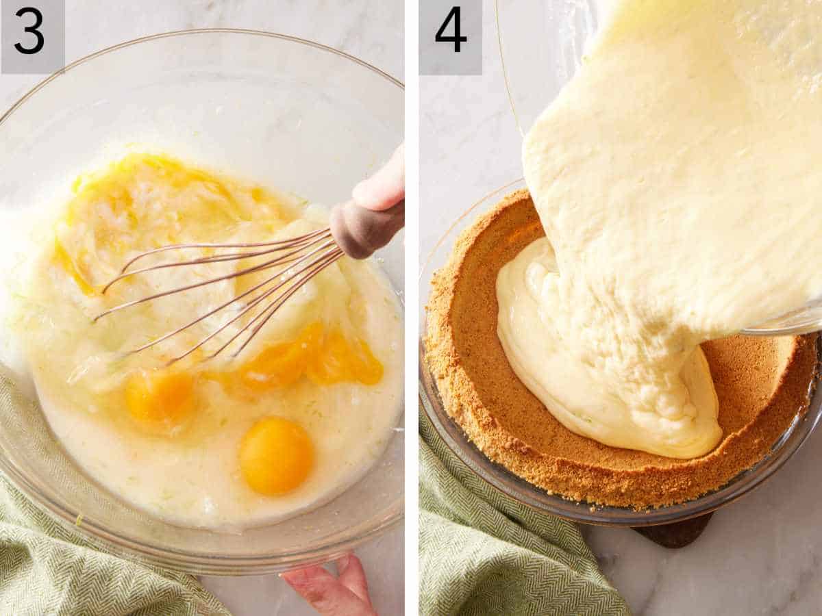 Set of two images showing pie filling made and poured over baked crust.