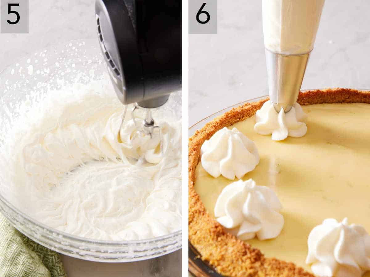 Set of two images showing whipped cream made and piped onto the pie.