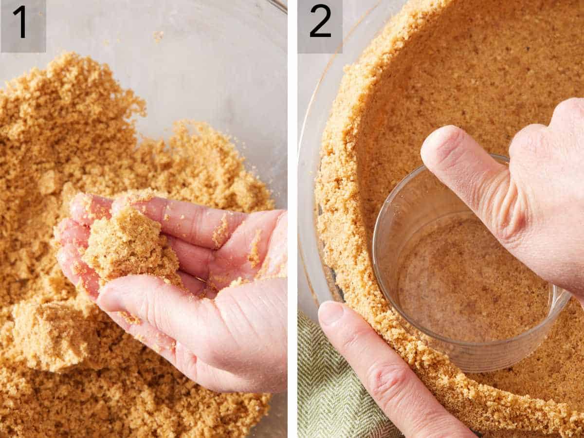 Set of two images showing how to make a graham cracker crust and how to flatten it in a pie pan.