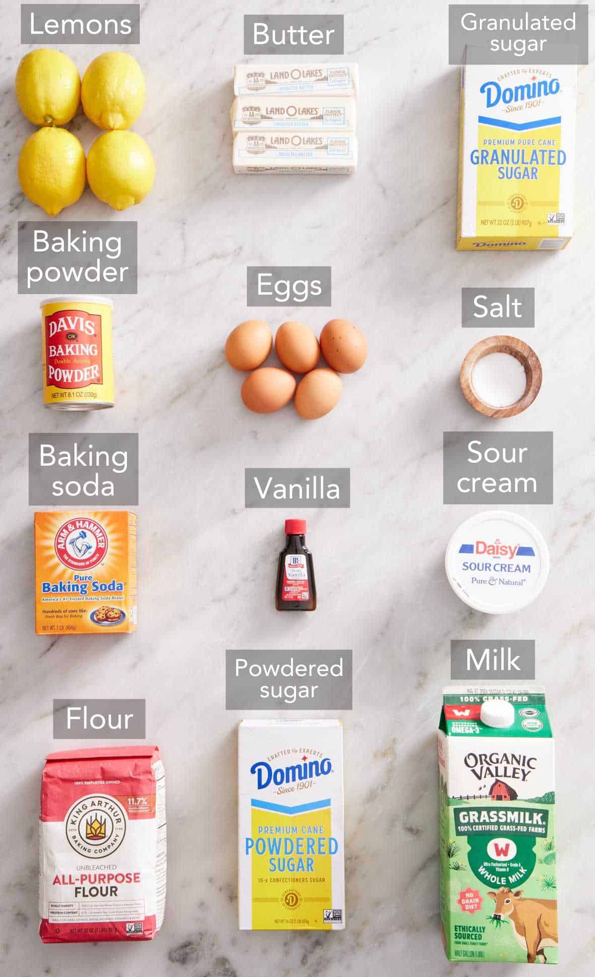 Ingredients needed to make lemon bundt cake.