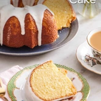 Pinterest graphic showing a slice of lemon bundt cake. The rest of the cake, topped with lemon glaze, is in the background.