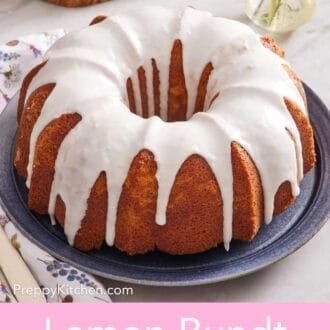 Pinterest graphic showing a glazed lemon bundt cake on a serving plate.