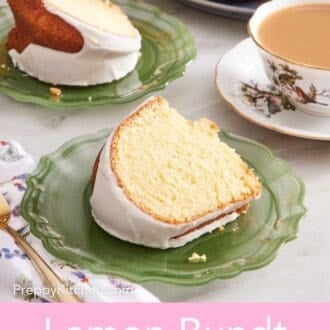 Pinterest graphic showing a slice of cake on a plate with a cup of tea and more cake alongside it.