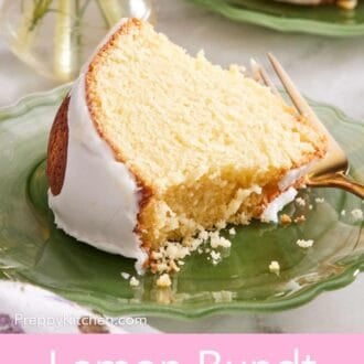 Pinterest graphic showing a close-up of a piece of bundt cake topped with lemon glaze.