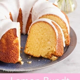 Pinterest graphic showing a lemon bundt cake with a glaze on a large plate.