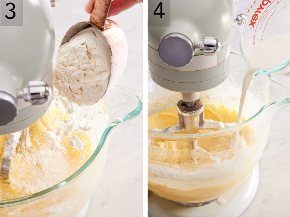 Set of two images showing a flour mixture added to the stand mixture, followed by a milk and sour cream mixture.
