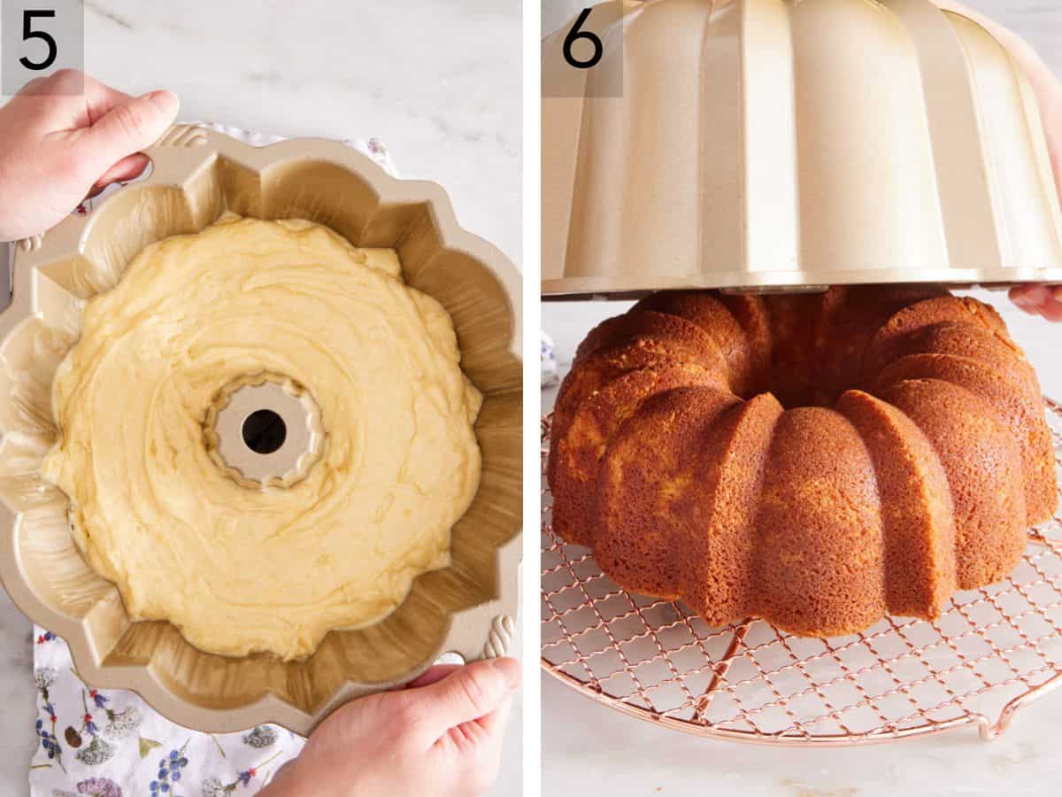 Set of two images showing lemon bundt cake batter in a Bundt pan, and the cake inverted to cool on a wire rack after baking.