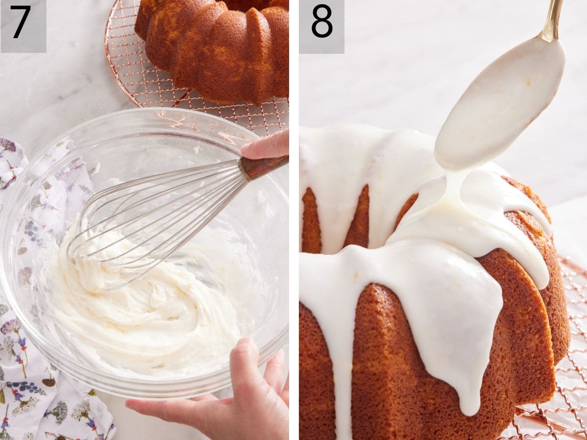 Set of two images showing lemon glaze made in a bowl and drizzled over the cooled cake.