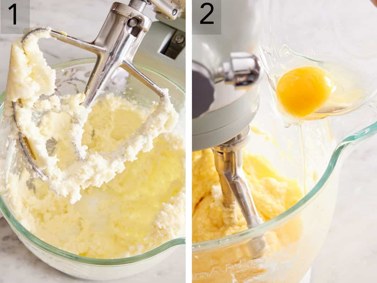 Set of two images showing ingredients in a stand mixer, and eggs added to them.