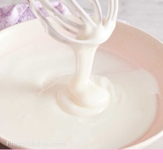 Pinterest graphic of a bowl of lemony glaze with a whisk showing its consistency.