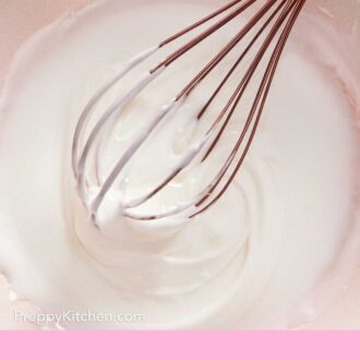 Pinterest graphic of lemon glaze in a bowl with a whisk.