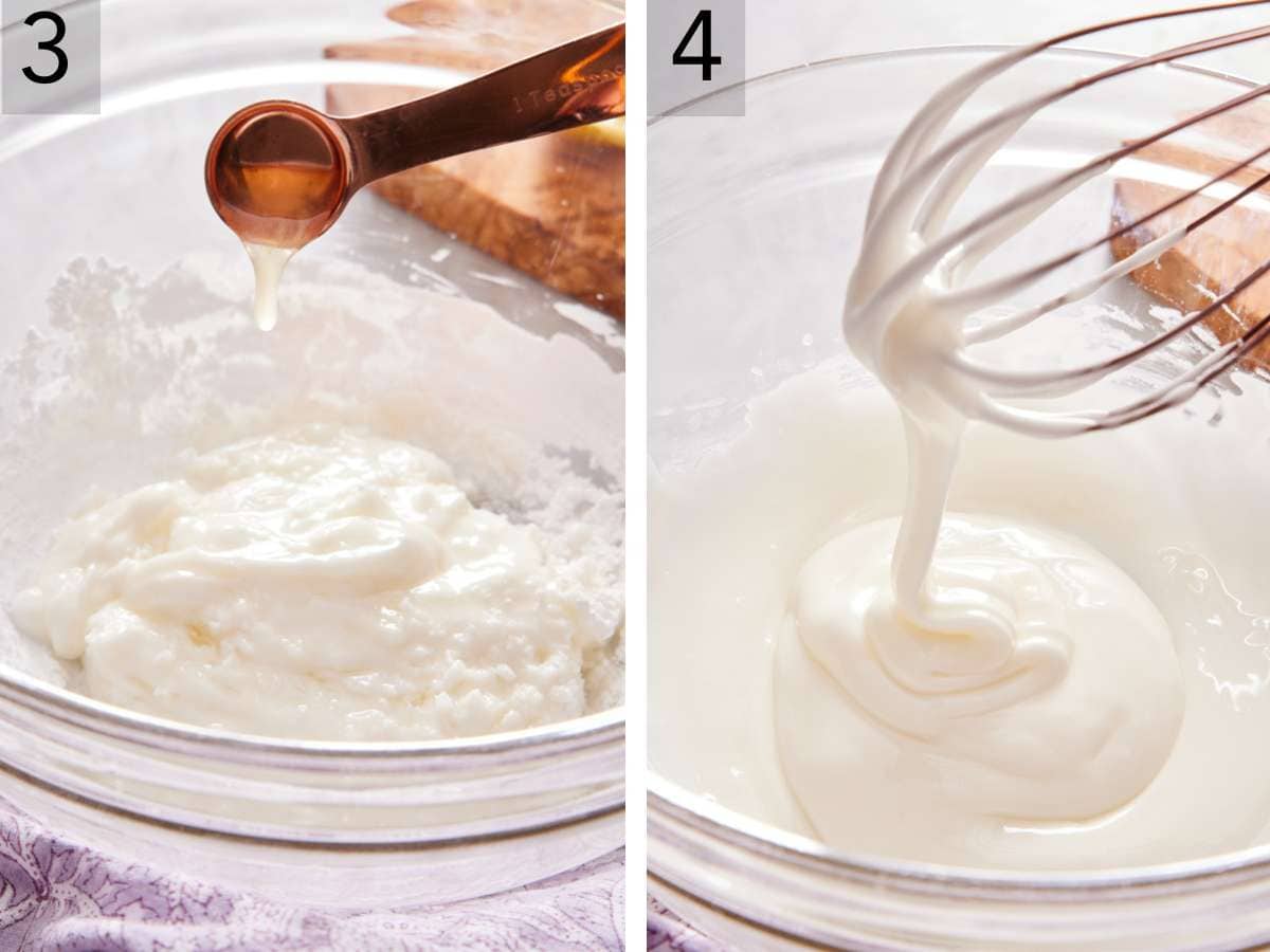 Set of two images showing extra lemon juice added and the mixture whisked until it reaches drizzling consistency.
