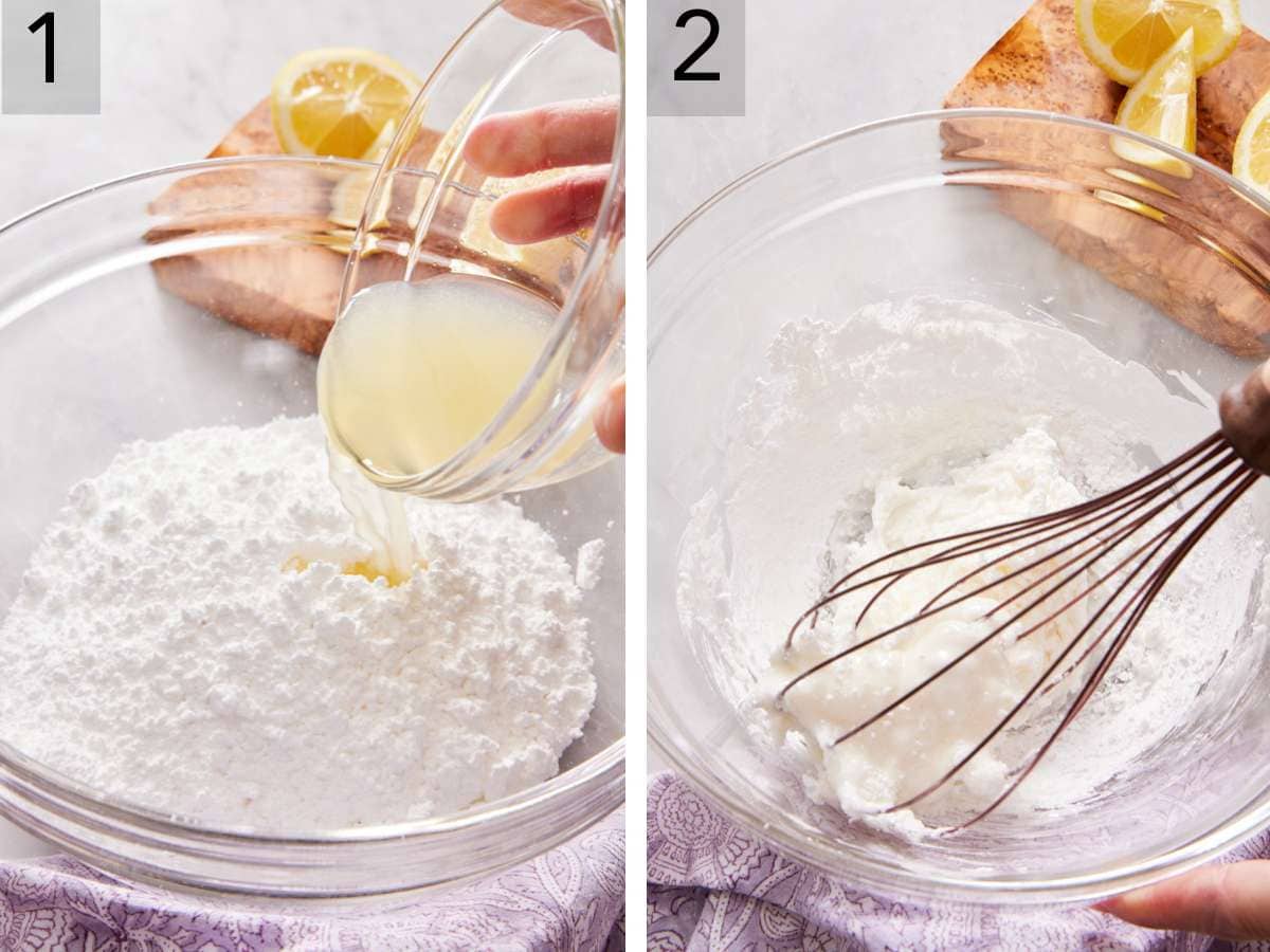 Set of two images showing lemon juice poured into powdered sugar and whisked together.