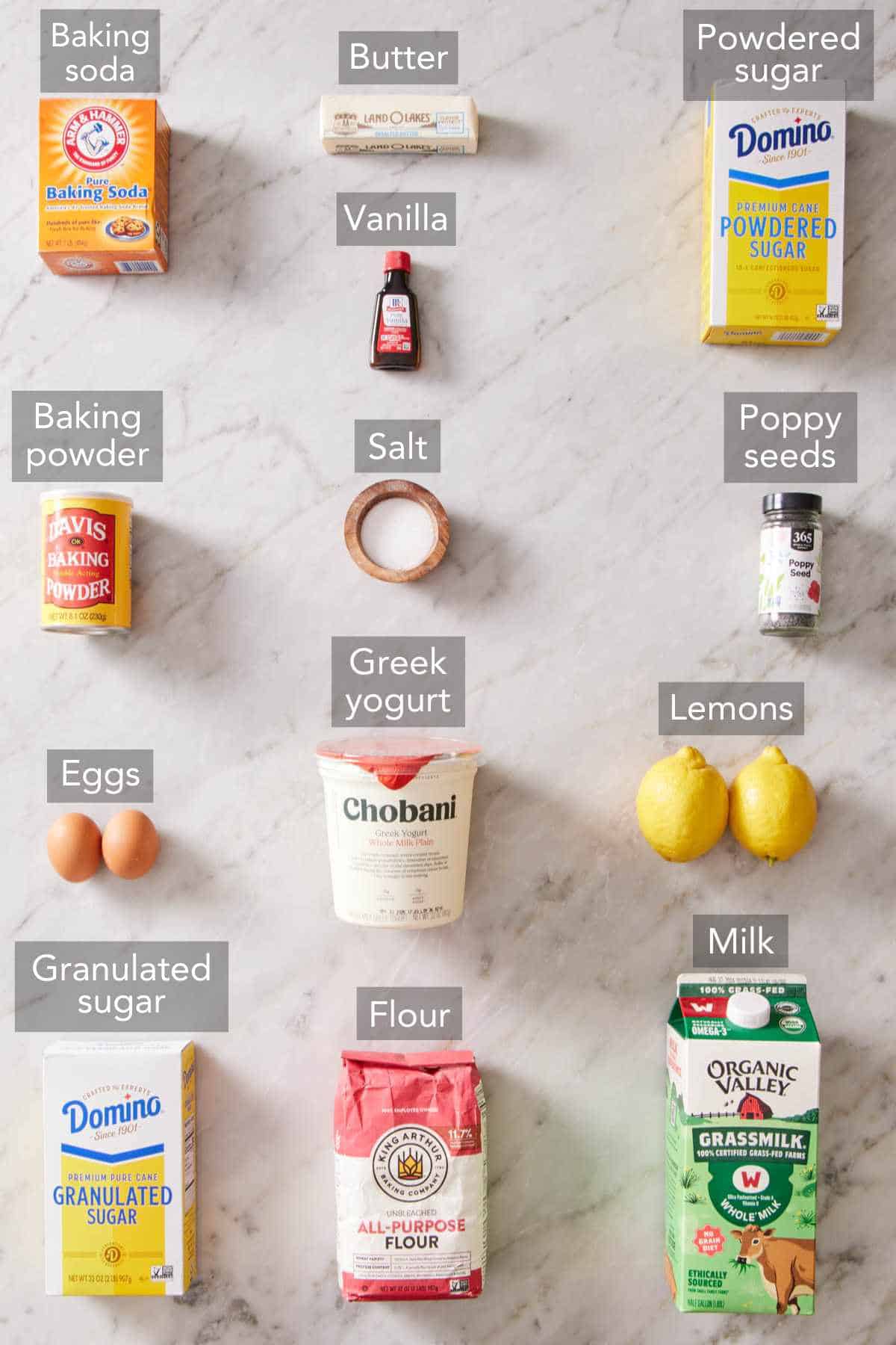 Ingredients needed to make lemon poppy seed muffins.