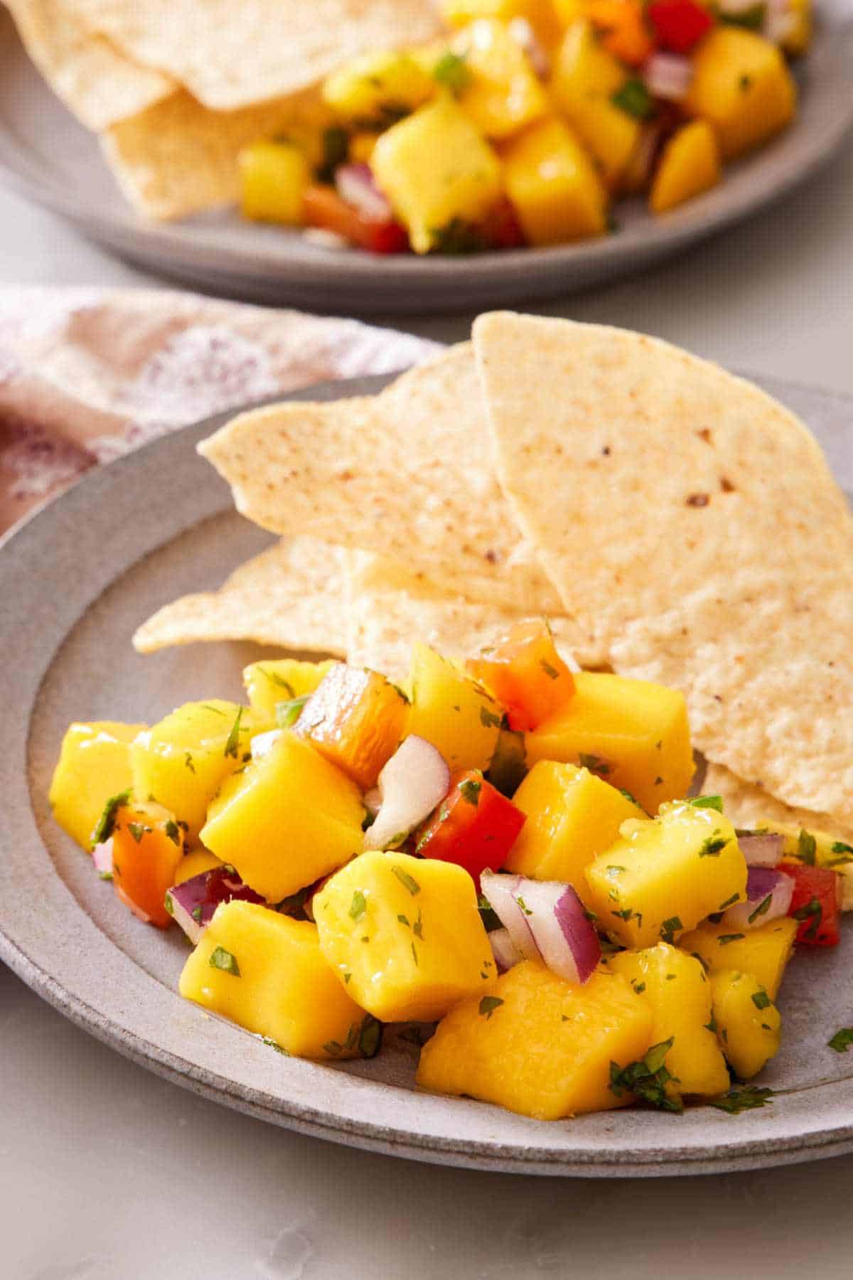 Close up of fresh mango salsa on a plate with tortilla chips.