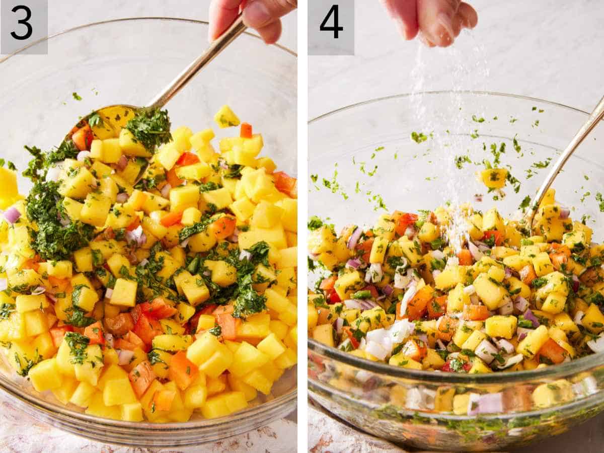 Set of two images showing ingredients mixed together and sprinkled with additional salt.